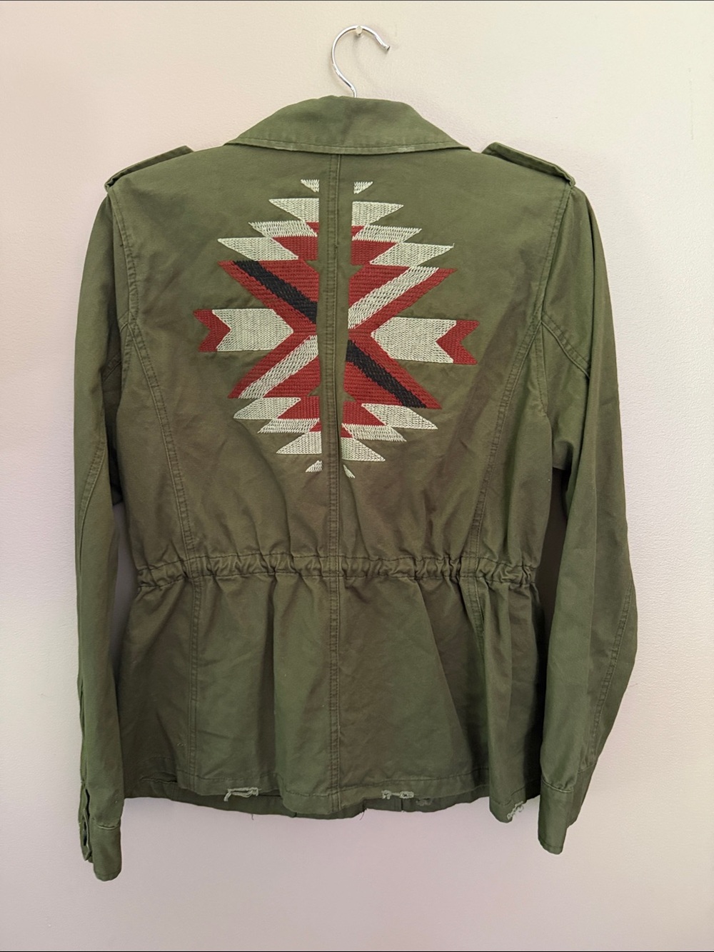 Blu Pepper Olive Green Utility Jacket with Red & Cream Embroidery